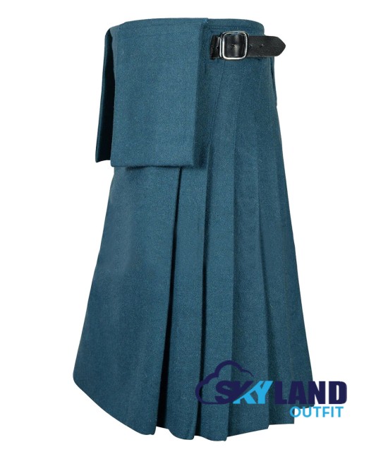 Scottish 8-Yard Smooking Blue Wool Kilt with 3 Detachable Pockets