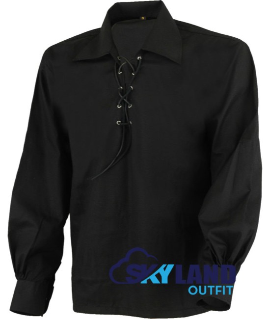 Jacobite ghillie kilt shirt black cotton Jacobean full sleeve shirt