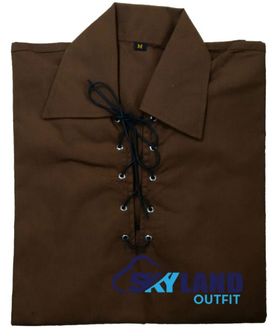Jacobite ghillie kilt shirt brown cotton Jacobean full sleeve shirt