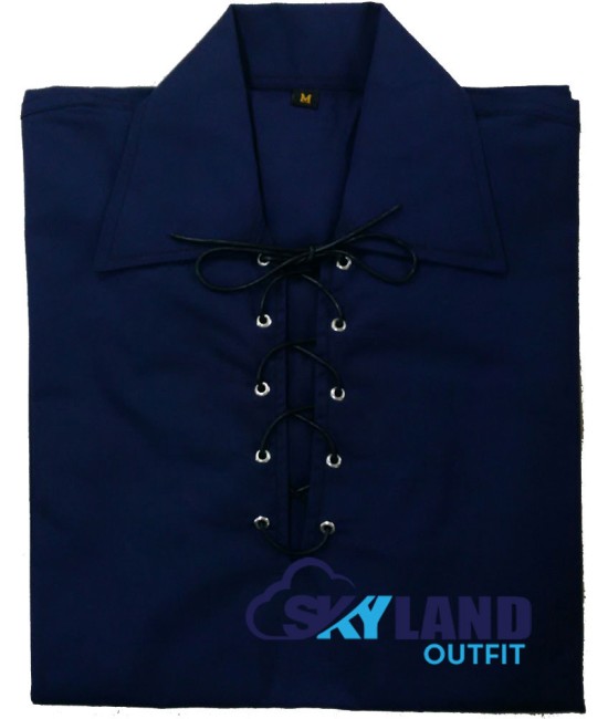 Jacobite ghillie kilt shirt navy blue cotton Jacobean full sleeve shirt