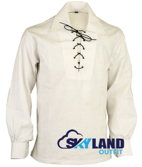 Jacobite ghillie kilt shirt off white cotton Jacobean full sleeve shirt