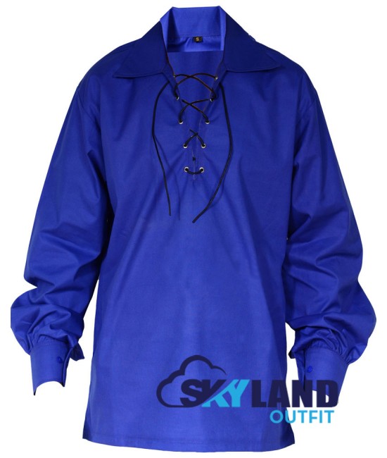 Jacobite ghillie kilt shirt royal blue cotton Jacobean full sleeve shirt